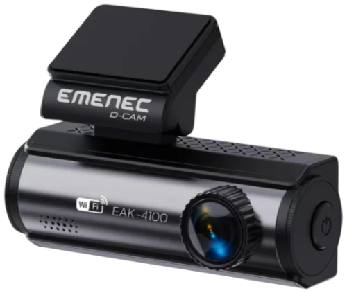 EMENEC "D-CAM" etiketli, lensli, WiFi göstergeli ve güç düğmeli kompakt siyah bir araç kamerası. Model adı EAK-4100 ön tarafta görülebilir.