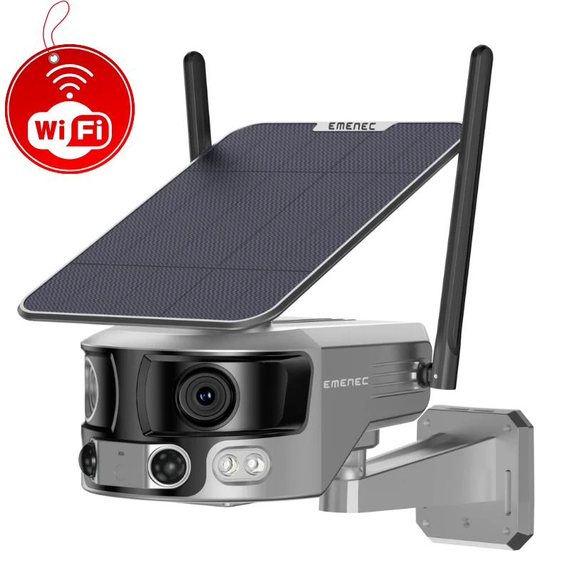 Çift antenli ve üzerinde güneş paneli bulunan, LED ışıklı ve kablosuz bağlantıyı gösteren WiFi sembollü duvara monte güvenlik kamerası.