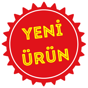 Yıldız patlaması kenarlı kırmızı rozette, Türkçe'de "Yeni Ürün" anlamına gelen sarı renkli "YENİ ÜRÜN" yazısı yer almaktadır.